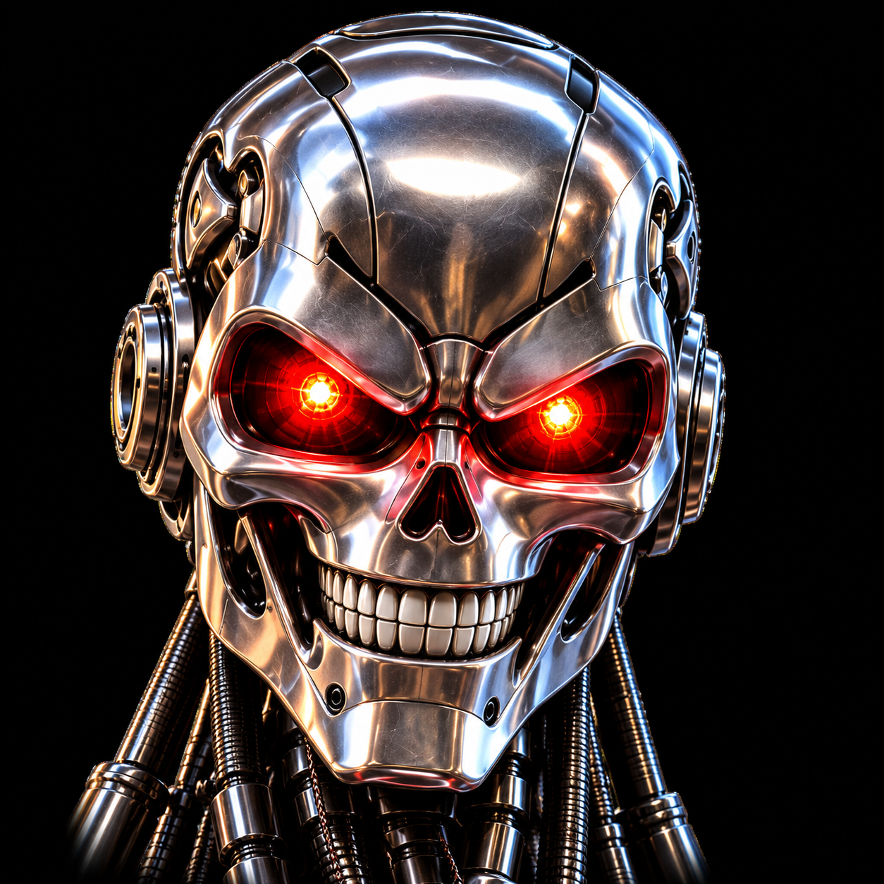 Chrome robot face with glowing red eyes